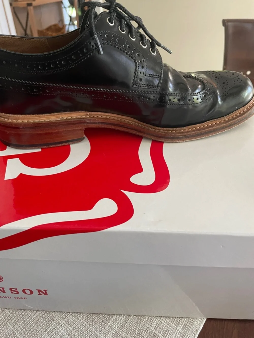 Grenson Sid Black Leather Cap Toe Derbys with Tan Welt UK Size 8G US Size 9